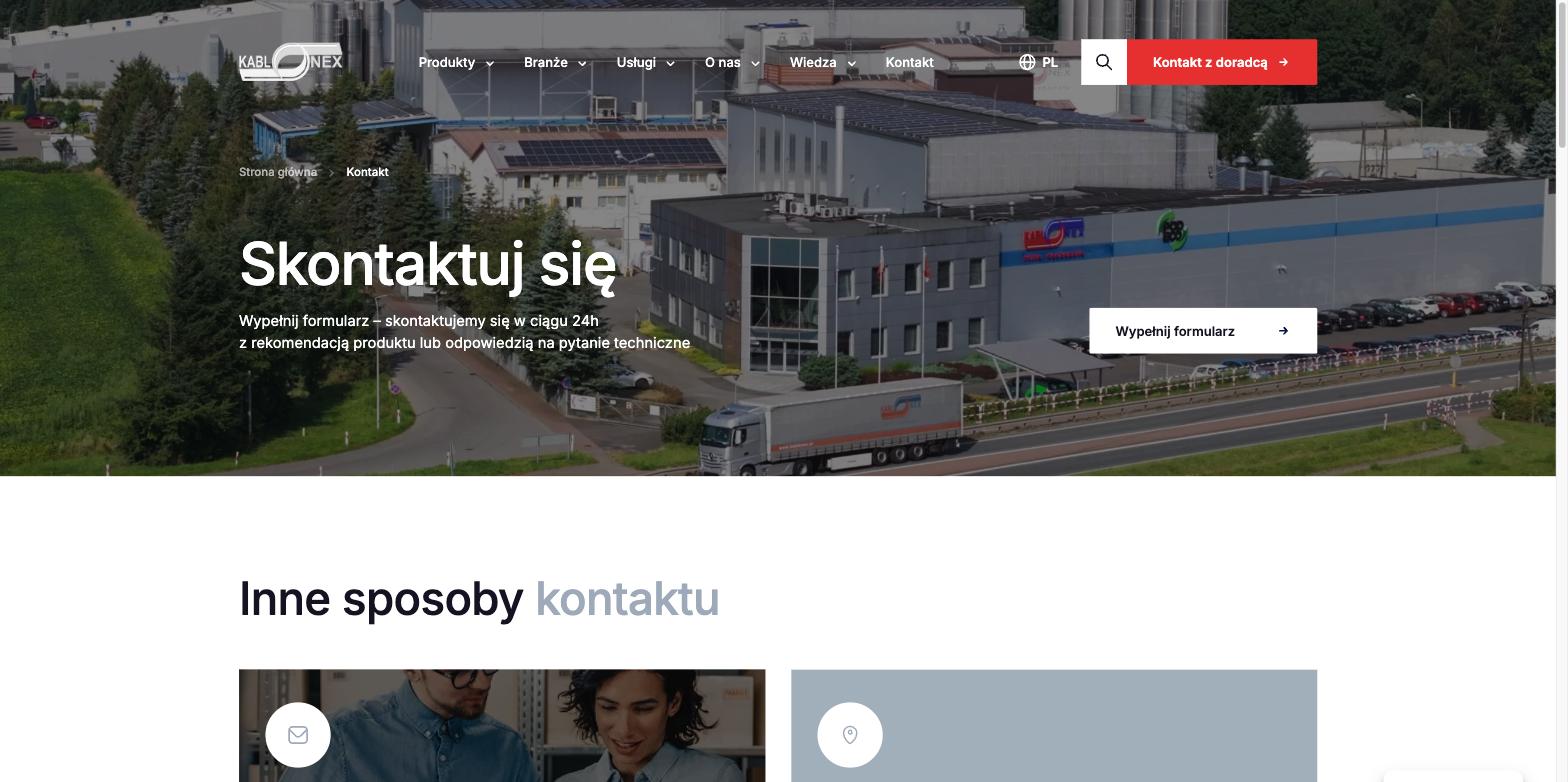 Strona Kontakt kablonex.pl: zakład w Podaninie z lotu ptaka i obietnica odpowiedzi w 24 h