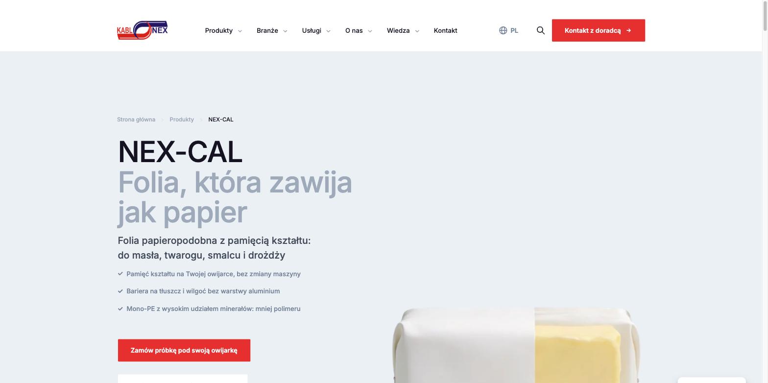 Strona produktowa NEX-CAL: folia papieropodobna z pamięcią kształtu do masła i smalcu
