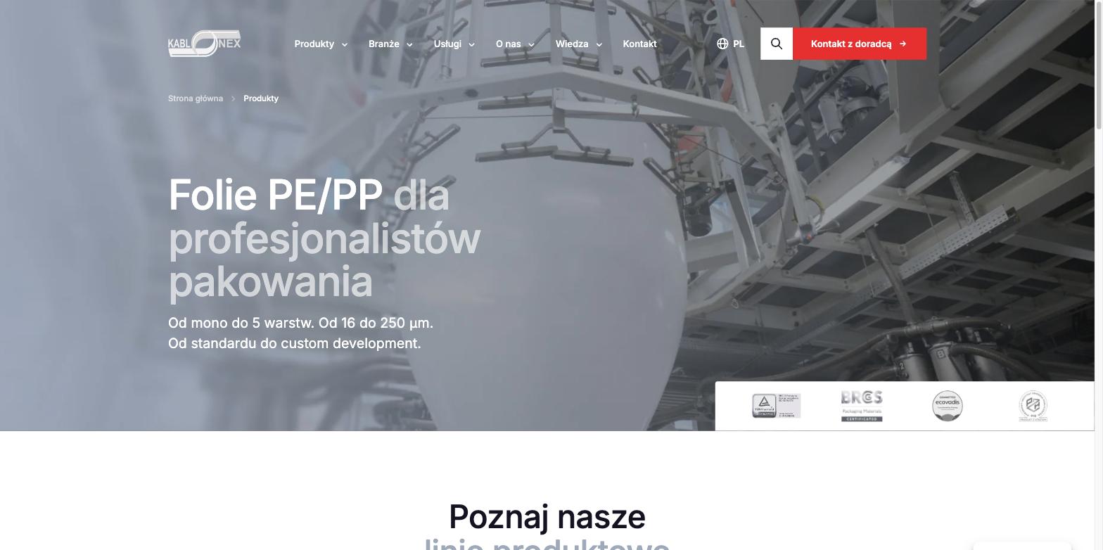 Nowa strona kablonex.pl: sekcja Produkty z hasłem Folie PE/PP dla profesjonalistów pakowania
